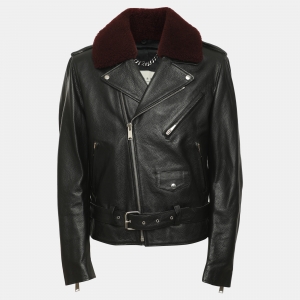 Pre Owned Sandro Black Leather and Shearling Biker Jacket L