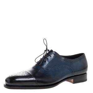 Santoni Blue Leather Wing Tip Oxford Size 44.5
