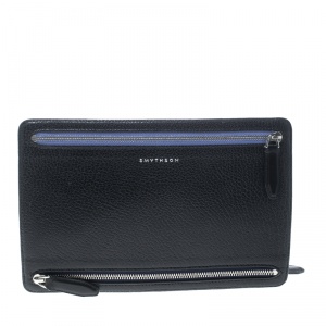 Smythson Black Leather Panama Zip Currency Case