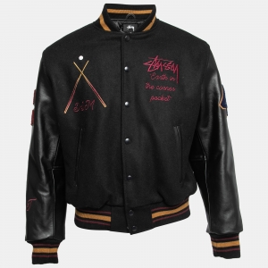 Stussy Black Wool & Leather Rib Knit Trimmed Varsity Jacket S