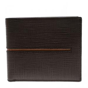 Tod's Brown Leather Stripe Orange Lined Bifold Wallet