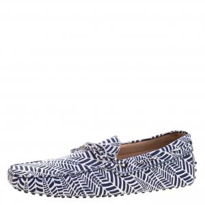 Pre Owned Tod's Blue and White Printed Leather Bow Loafers Size 46.5