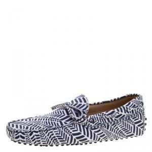 Pre Owned Tod's Blue and White Printed Leather Bow Loafers Size 41.5