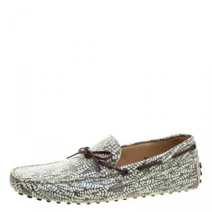 Pre Owned Tod's Green Abstract Print Leather Bow Loafers Size 44