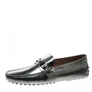 Pre Owned Tod's Metallic Grey Leather Macro Clamp Loafers Size 42.5