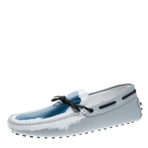 Pre Owned Tod's Grey Leather Paint Splotch Bow Loafers Size 44.5