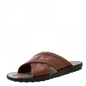 Tod's Brown Leather Crossed Strap Slider Sandals Size 42.5