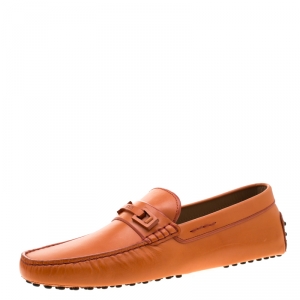 Pre Owned Tod's Orange Leather Horsebit Slip On Loafers Size 44