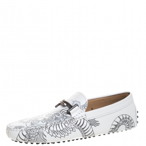 Pre Owned Tod's White Leather Dragon Print Double T Loafers Size 43