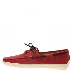 Pre Owned Tod's Red Leather Marlin Barca Hyannisport Boat Loafers Size 42.5