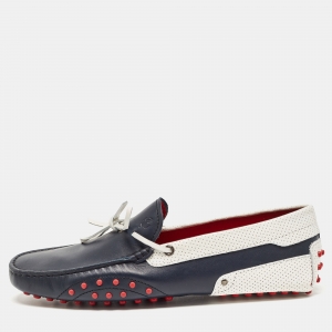 Tod's For Ferrari Navy Blue/White Perforated Leather Bow Loafers Size 42