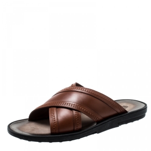 Tod's Brown Leather Crossed Strap Slider Sandals Size 42