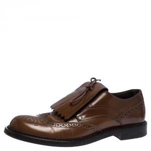 Tod's Brown Leather Fringe Lace Bow Brogue Derby Size 42.5