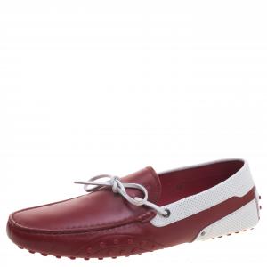 Pre Owned حذاء لوفرز تودز فور فيراري جلد أحمر وأبيض بفيونكة مقاس 44.5