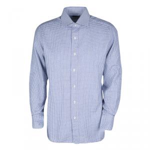 Tom Ford Blue and White Cotton Houndstooth Pattern Long Sleeve Shirt XL