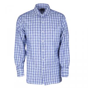Tom Ford Blue and White Checked Cotton Long Sleeve Shirt L