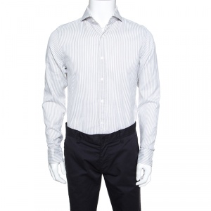 Tom Ford White and Grey Striped Cotton Long Sleeve Button Front Shirt L