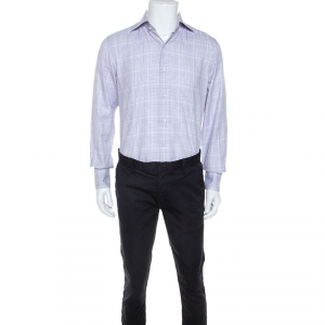 Tom Ford White & Lavender Checked Cotton Button Front Shirt M
