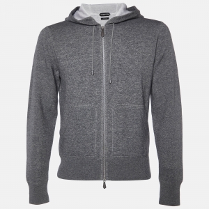 Tom Ford Grey Cotton Knit Zip Front Hooded Jacket M