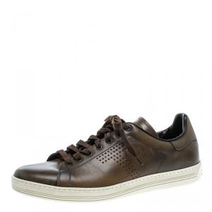 Tom Ford Brown Perforated Burnished Leather Warwick Low Top Sneakers Size 43