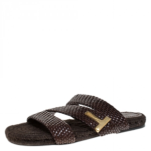 Tom Ford Brown Braided Leather Grafton Slide Espadrille Sandals Size 42