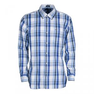 Tommy Hilfiger Blue Checked Cotton Long Sleeve Button Front Custom Fit Shirt L