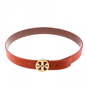 Pre Owned Tory Burch Orange Leather L Noe Reversible Logo Belt 115 CM