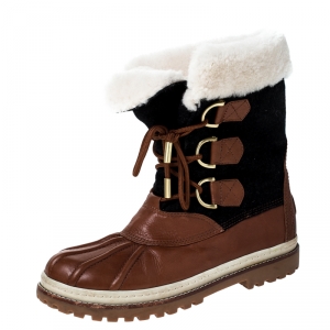 Tory Burch Brown Leather Shearling Lined High Top Boots Size 44
