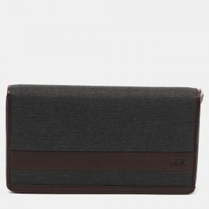 Pre Owned TUMI Grey/Brown Canvas and Leather Travel Zip Around Wallet 