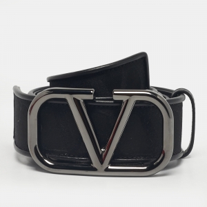 Pre Owned Valentino Black Iconographe Canvas and Leather VLogo Buckle Belt 90 CM