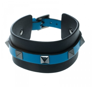 Valentino Large Rockstud Bi Color Blue Leather Gunmetal Tone Cuff Bracelet 