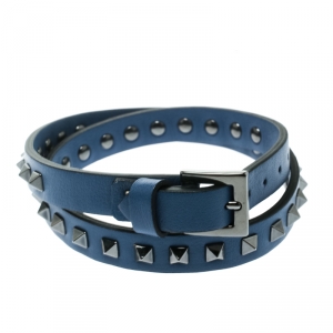 Valentino Rockstud Blue Leather Gunmetal Tone Double Wrap Bracelet