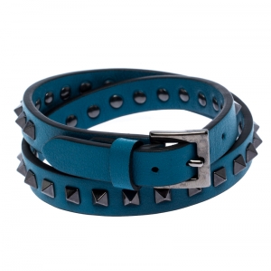 Valentino Rockstud Blue Leather Gunmetal Tone Wrap Bracelet