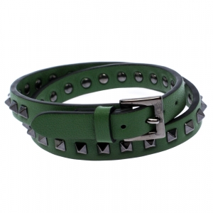 Valentino Rockstud Green Leather Gunmetal Tone Wrap Bracelet