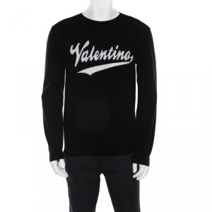 Valentino Black Wool Logo Intarsia Crew Neck Pullover Sweater L