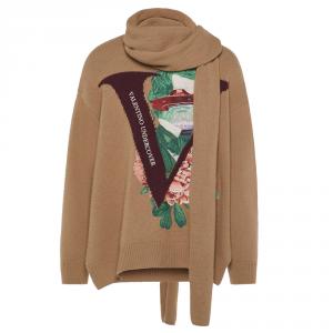 Valentino Brown Wool V Face Rose Embroidery with Scarf Zippered High-Neck Sweater M