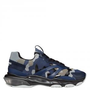Valentino Blue Fabric and Leather Camouflage Bounce Sneakers Size 44