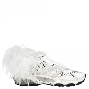 Valentino White/Black Fabric and Leather Camouflage with Feathers VLTN Grid Bounce Sneakers Size 43