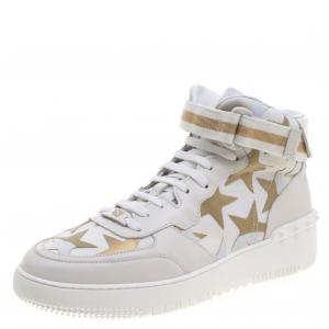 Pre Owned Valentino White Camouflage Canvas And Leather Rolling Rockstud High-Top Sneakers Size 43
