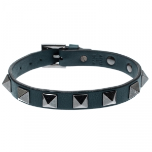 Valentino Rockstud Teal Blue Gunmetal Tone Leather Bracelet