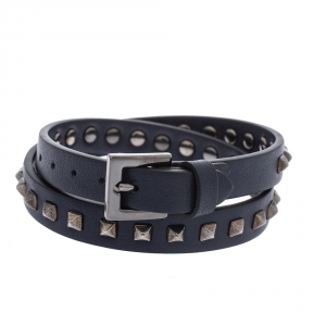 Valentino Rockstud Navy Blue Leather Gunmetal Tone Double Wrap Bracelet