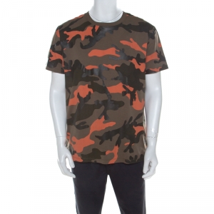 Valentino Khaki Green and Orange Camouflage Print Cotton T-Shirt L