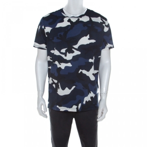 Valentino Navy Blue Camouflage Print Cotton Crew Neck T-Shirt L