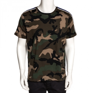 Valentino Green Cotton Camouflage Print Shoulder Stripe Detail T Shirt L