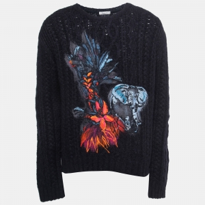 Valentino Dark Blue Mural Jungle Embroidered Alpaca & Wool Knit Jumper L