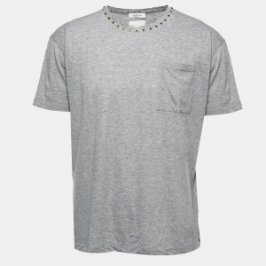 Valentino Grey Cotton Rockstud Neckine Detail Crewneck T-Shirt L