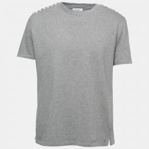 Pre Owned Valentino Grey Cotton Rockstud Detail Crewneck T-Shirt L