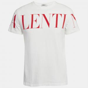 Pre Owned Valentino White/Red Logo Print Cotton Jersey T-Shirt S