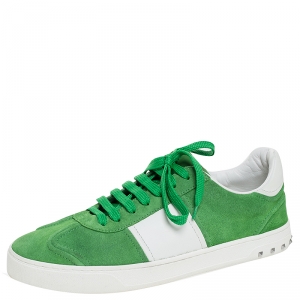 Pre Owned Valentino Green/White Suede and Leather Flycrew Lace Up Sneakers Size 42