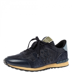 Valentino Blue Denim, Leather and Suede Rockrunner Stud Sneakers Size 42